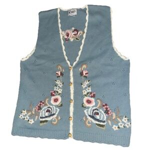 Vintage Koret Women's Button Up Crewel Embroidered Sweater Vest Light Blue Small